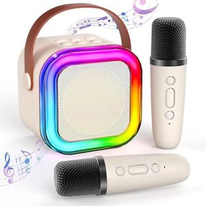 Mini Karaoke Machine with 2 Wireless Microphones, Portable Bluetooth Karaoke Speaker and Microphones for Family or Friends, Birthday Gifts for Girls Boys Family Home Party(Beige)