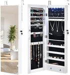 COSTWAY 6 LED Lights Jewelry Cabinet, Door Hanging/Wall Mounted Jewelry Armoire with Full Length Mirror, Lockable Cosmetics Makeup Jewellery Storage Organiser Unit for Bedroom Dressing Room (White)