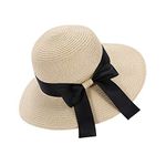 Chapter Seven Women's Sun Hat Floppy Foldable Bowknot Straw Hat Summer Beach Cap UV Protection UPF50 (Beige)