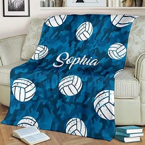 Custom Gift for Player Fan Sport Blue Camo Volleyball Ball Personalized Name Premium Quality Sherpa Fleece Throw Blanket 3D Printed Warm Fluffy Cozy Soft Tv Bed Couch Comfy Microfiber Velvet Plush