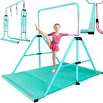 PreGymnastic Updated Folding Gymnastics Kip Bar with Sturdier Base, A Safe Gymnasitc Bar for Kids 3-8 Years Old, Easy to Assemble and Dis-Assemble (Teal-Mat-#50)