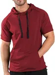 COOFANDY Men's Gym Hoodies Short Sleeve Cotton Athletic Workout Bodybuilding T shirt Hooded Sweatshirt with Pocket Wine Red