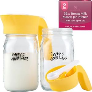 Nurse & Nourish [2 Pack 32oz Breastmilk Pitcher w/Pour Spout Handle - Breast Milk Mason Jar Pitcher - Glass Pitcher for Breastmilk - Glass Breastmilk Storage Pitcher - Breast Milk Pitcher for Fridge