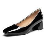 Heel The World Women's Pumps,Low Chunky Block Heels,Square Toe Patent Women Dress Shoes for Party Office, Black, 9