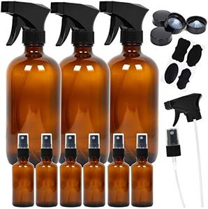 Youngever 9 Pack Empty Amber Glass Spray Bottles, 3 Pack 500ML and 6 Pack 50ML Refillable Container for Essential Oils, Cleaning Products, or Aromatherapy,