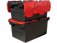 Plastor 10 x Large Plastic 80 Litre Heavy Duty Storage Boxes (71 x 46 x 36.8cm) Black and Red LC3 Crates with Attached Hinged Lids