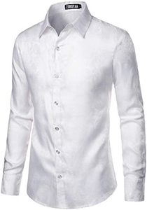 ZEROYAA Men's Paisley Jacquard Slim Fit Long Sleeve Button Up Dress Shirt for Party Prom, White, Large