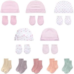 falianni Baby Boy Girl Cotton Hat Mitten Sock Set 15 Pack Infant Essential Accessories for 0-6 Months Pink
