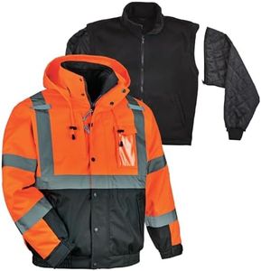 Ergodyne High Visibility Reflective Winter Bomber Jacket, Black Bottom, Zip Out Fleece Liner, ANSI Compliant, GloWear 8381 Orange, Large