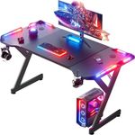 HLDIRECT 55 Inch Gaming Desk with LED Lights, Home Office Gamer Desk, Ergonomic Computer Desk with Large Carbon Fiber Desktop, Computer Desk with Cup Holder & Headphone Hook for Home Office, Black