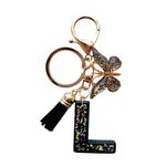 Cute Initial Letter Keychains for Women Girls Tassel Butterfly Black Keychain for Backpack School Bag (L-Black)