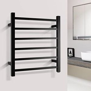 ACA Trading Bathroom Heated Towel Rack 6 Rungs Square Electric Heated Towel Rail Stainless Steel Clothes Towel Warmer Holder Dryer Waterproof Switch IP55 Matt Black SAA Approved