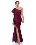 Women's One Shoulder Ruffled Split Mermaid Evening Gown Cocktail Long Formal Dress, Burgundy, Large