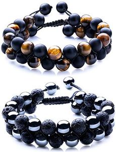 WRCXSTONE Natural Stone Bracelet Mens Black Lava Rock Bracelet Tiger Eye Gemstone Bracelet Yoga Essential Oil Bracelet Charm Gift, 10 inch, Gemstone
