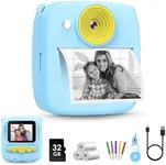 Kids Instant Print Camera with Paper Prints, 2.0'' HD 1080P Video Portable Digital Kids Camera, Toddler Camera Birthday Gifts Toy Camera with 32GB SD Card for 3-12 Years Old Boys Girls-Blue