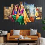 perpetual Rajasthani Lady Painting | Paintings for Wall Decoration | Wall Painting for Living Room | Decorating Items for Home | Best Gift Item | Trible Art Wall Hanging Set of 5(125x60 CM) L