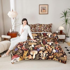 Castle Fairy Mushroom 3 Pcs Queen Size Comforter Set,Trippy Rustic Wild Botanical Palm Leaves Down Alternative Adults Bedroom Decor,Nature Burgundy Plant Ultra Soft Microfiber Inner Fill 3Pcs Bedding