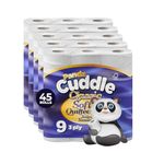 Panda Cuddle 3‑Ply Quilted Toilet Paper – Luxuriously Soft, Gentle and Hypoallergenic Sustainable Toilet Rolls- Family Value Pack of 45 Rolls, Sustainable Gentle Bulk Bathroom Tissue, Unscented