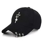 Unisex Black Fitted Cap, K-pop Cap, Baseball Cap with Ring Chain, Metallic Cap, Unique Cap, Cap with Star, Black, Medium