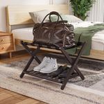 Smuxee Fully Assembled Brown Luggage Rack, Upgraded Bamboo Foldable Suitcase Stand with 5 Nylon Straps, Luggage Holder with Shelf for Guest Room Bedroom Hotel