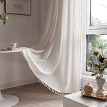 2 Panels Boho Farmhouse Curtains for Bedroom Living Room Semi Blackout Striped Curtains Cotton Linen Window Curtain Panel, Bohemian Chic Tassel Curtain Drapes, 55" W x 63" L,White