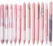 Pink Gel Pen Set Pack of 12,Cute 0.5 mm Fine Tip Retractable Black Ink Pens with 1Pack Dual-Tip Highlighter for Writing, School Office Suppiles (Pink)