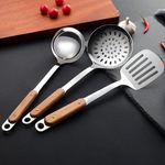 Kankuwar 3pcs Stainless Steel Wok Spatula Ladle Set Chinese Wok Utensils for Grilling, Scraping, Serving, and Straining Includes Soup Ladle, Flipper Spatulas, and Food Strainer Skimmer for Cooking