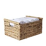 Hand-Woven Wicker Basket With Handle,Rectangular Storage Basket,Water Hyacinth Woven Basket,Magazine Shelf Basket,Towel Storage Basket for Living Room Bathroom Office (Large 14.3 x 10.6 x 6.4 In)