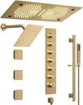 GRANDJOY Brushed Gold LED Shower System, Bluetooth Music 28" x 16" Ceiling Mount Dual Shower Head with 3 Body Jets & Slide Bar