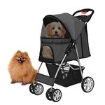 Flexzion Pet Stroller (Black) Dog Cat Small Animals Carrier Cage 4 Wheels Folding Flexible Easy to Carry for Jogger Jogging Walking Travel Up to 30 Pounds with Sun Shade Cup Holder Mesh Window