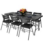 NOVECRAFTO 6ft Folding Table & 6 Folding Chair Set - Functional, Easy-to-Fold-and-Store Furniture for Indoor and Outdoor Use with Wood Grain Pattern, Heavy-Duty Black Plastic Surfaces & Steel Frames