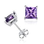 ChicSilver Princess Cut Purple Amethyst Gemstone Stud Earrings for Women 925 Sterling Silver Small Square February Birthstone Ear Studs Jewelry Hypoallergenic