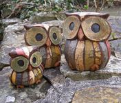 Cornwall Art Prints Set of 3 Wooden Owls Fair Trade 10cm, 8cm, 6cm.