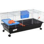 PawHut Small Animal Cage Rabbit Guinea Pigs Chinchillas Cage w/Wheels Water Bottle Food Dish Platform Ramp 89 x 44 x 43 cm Black