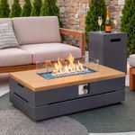 UPHA 50-inch Outdoor Patio Propane Gas Fire Pit Table 50000 BTU Concrete Round Firepit with ABS Tank Hidden Table, Wind Guard, Blue Glass Rocks, Rain Cover, Dark Grey Natural Wood Finish