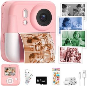 Kids Camera Instant Print Color Photos, Dual-Lens Instant Print Camera for Kids, Toddler Portable Travel Digital Camera Toy for 4 5 6 7 8 Year Old Boys Girls Christmas Birthday Gifts 64GB Card, Pink