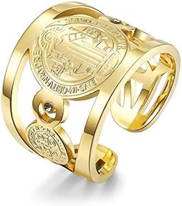 Men's St Benedict Rings Stainless Steel Saint Exorcism Ring Christian Jesus Catholic Roman Cross Demon Protection Cubic Zirconia Ghost Hunter Open Adjustable Finger Rings for Men Women Boys Fashion