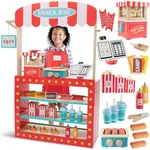 Movie Theatre Snack Bar Wooden Playset - Pretend Concession Stand Fun- Full Set includes Popcorn Machine, Hot Dogs, Candy Bars, Sodas, Cash Register, Credit Card & More