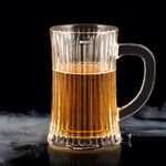 BINZO Glass Premium Beer Mugs with Handle, 500 ml, Set of 6, Line Design Large Heavy Beer Mug for Drinking Wheat Beer, Stein, Ale, Multi Use Freezer Safe Mug, Pack of (6)