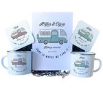 Campervan Enamel Camp Mug SET with enamel mug coaster and card Personalised motorhome Gift His Hers Accessories Camping Retro Caravan