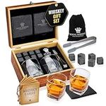 Whiskey Set by Royal Reserve | Whiskey Chilling Rocks Scotch Bourbon & Whiskey Glasses Set of 2 and Slate Table Coasters – Gift for Guy Men Dad Boyfriend Anniversary or Retirement Regalos para Hombre