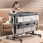 3 in 1 Baby Bassinet, Upgraded Beside Crib with 360° Highly Visible Mesh wall, Comfy Co-sleeper Bassinet with mattress, 5 Level Adjustable Height, Foldable & Portable BabyTravel Crib for Newborn, Grey