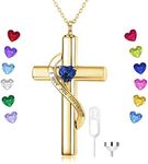 SOULMEET Crystal Cross Necklace for Ashes, Sterling Silver I Love You Forever Birthstone Cross Urn Necklaces for Ashes Keepsake Cremation Jewelry for Pet Human Ashes (M-Custom Real Gold + Birthstone)