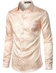 ZEROYAA Men's Rose Floral Long Sleeve Dress Shirts Shiny Satin Silk Like Jacquard Party Prom Shirt Tops, Scallop, Small