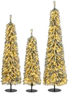 COSTWAY Artificial Christmas Tree Set of 3, Snowy Xmas Tree with PVC Branch Tips and Warm White LED Lights, Pre-Lit Slim Pencil Xmas Decoration Tree (4FT+5FT+6FT)