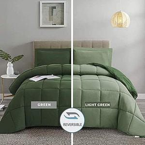 HIG 3pc Green Queen Size Comforter Set - All Season Reversible Down Alternative Comforter with Two Shams - Quilted Duvet Insert with Corner Tabs - Box Stitched Blanket - Breathable, Soft, Fluffy