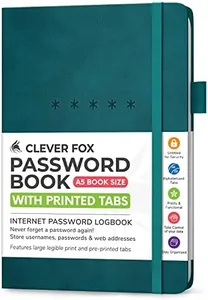 Clever Fox Password Book – Alphabetized Internet Address & Password Organizer – Computer & Website Password Keeper Notebook – Log-In Password Journal - Medium, A5, 8.3x5.8″, Hardcover (Dark Teal)