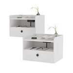 White Floating Nightstand Set of 2 with Charging Station and Storage Drawer Wall Mounted Bedside End Table Wood Modern Night Stand for Bedroom Nightstands Set 2 White