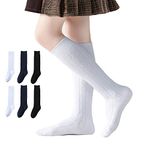 Marchare Girls Knee High Socks Kids School Uniform Seamless Cable Knit Cotton Stockings White/Black/Navy 6 Pack 10-14 Years