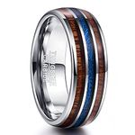 VAKKI 8mm Mens Rings Silver Hawaiian Koa Wood and Blue Imitated Meteorite Inlay Tungsten Carbide Wedding Anniversary Rings Comfort Fit Size P 1/2